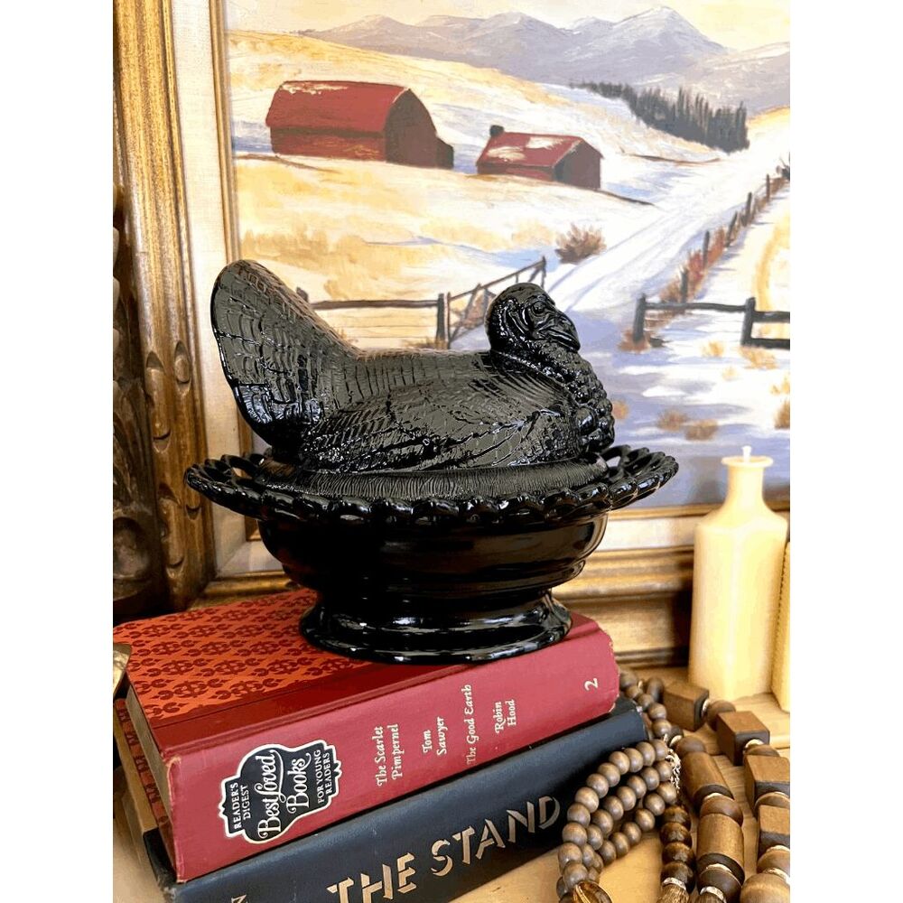 Mosser Glass Ebony Turkey on Basket Lacey Base Black Glass Covered Dish 8 Inch V